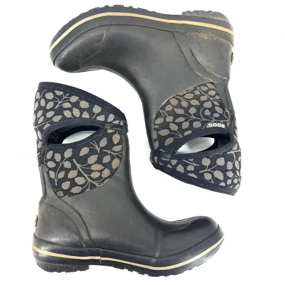 Bogs Women's Gray Leaves Plimsoll Mid Insulated Waterproof Winter Rain Boots (8)