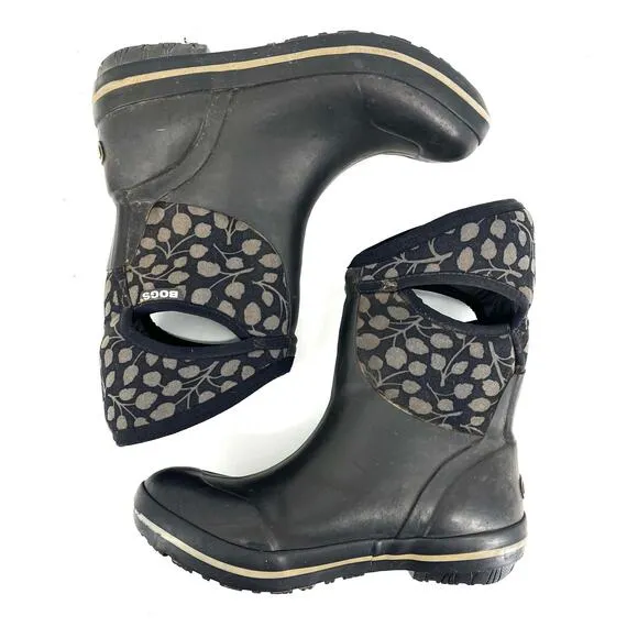 Bogs Women's Gray Leaves Plimsoll Mid Insulated Waterproof Winter Rain Boots (8)