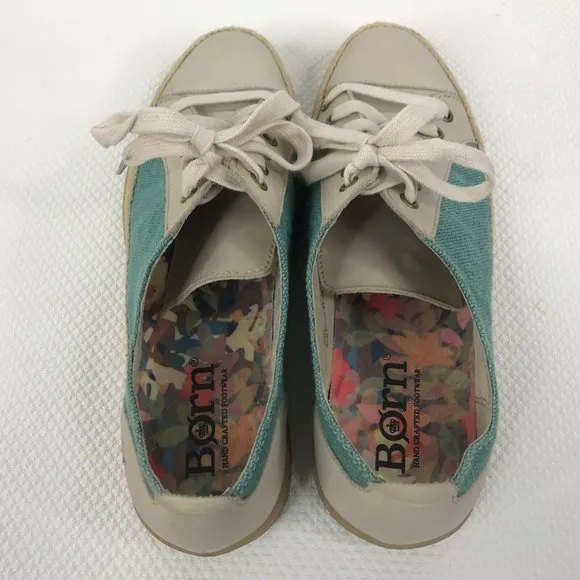 Born Corfield Leather Canvas Sneakers Shoes Turquoise Blue Cream Raffia