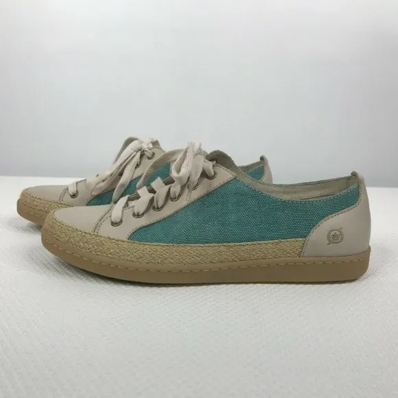 Born Corfield Leather Canvas Sneakers Shoes Turquoise Blue Cream Raffia