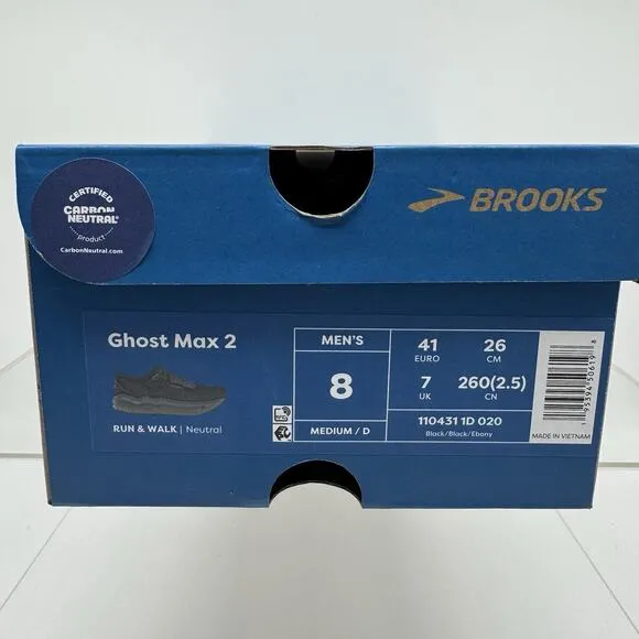 Brand New Men’s Brooks Ghost Max 2 Black Ebony 1104311D020 Running Shoes Size 8