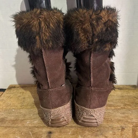 Brilliant Womens Brown Waterproof Suede Faux Fur Insulated Wedge Winter Boots 10