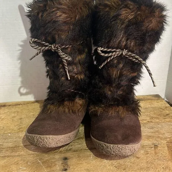 Brilliant Womens Brown Waterproof Suede Faux Fur Insulated Wedge Winter Boots 10