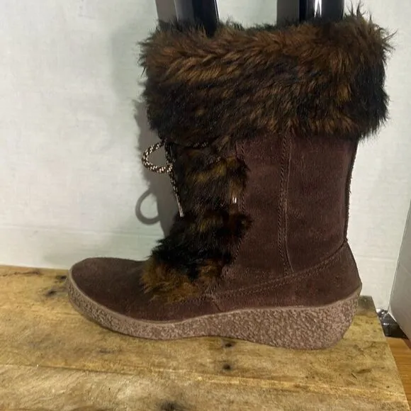 Brilliant Womens Brown Waterproof Suede Faux Fur Insulated Wedge Winter Boots 10