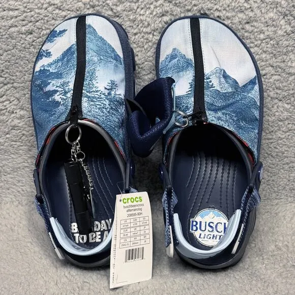 Busch Beer X Crocs All-Terrain Mens Size 7 Clogs Shoes Opener Torch Coozie Light