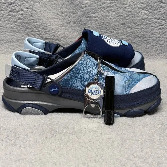 Busch Beer X Crocs All-Terrain Mens Size 7 Clogs Shoes Opener Torch Coozie Light