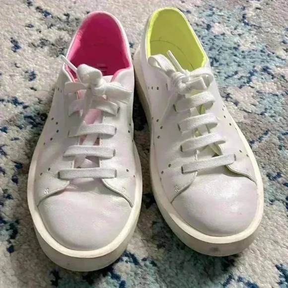 Camper twins neon pink and yellow white leather sneakers 39