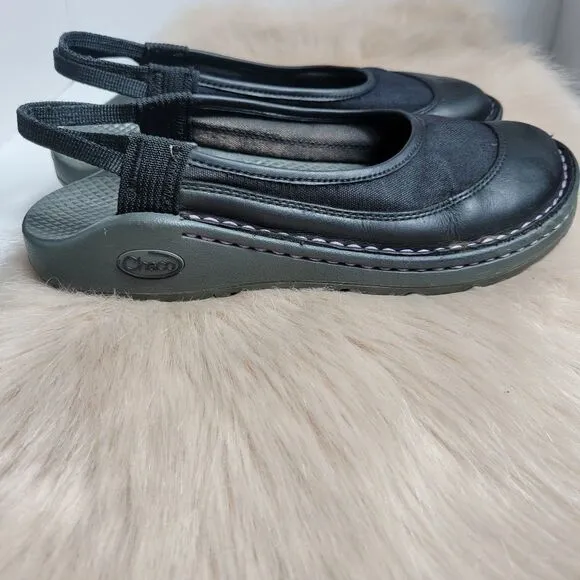 Chaco Devotee Womens  Black Leather Canvas Slingback Closed Toe Sandals Shoes