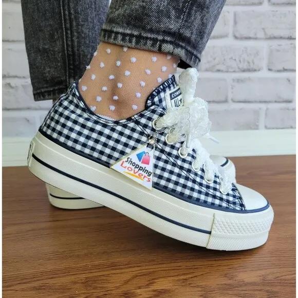 ❤️❤️Chuck Taylor All Star Lift Platform Gingham 7 Women Shoes Navy White A13664C