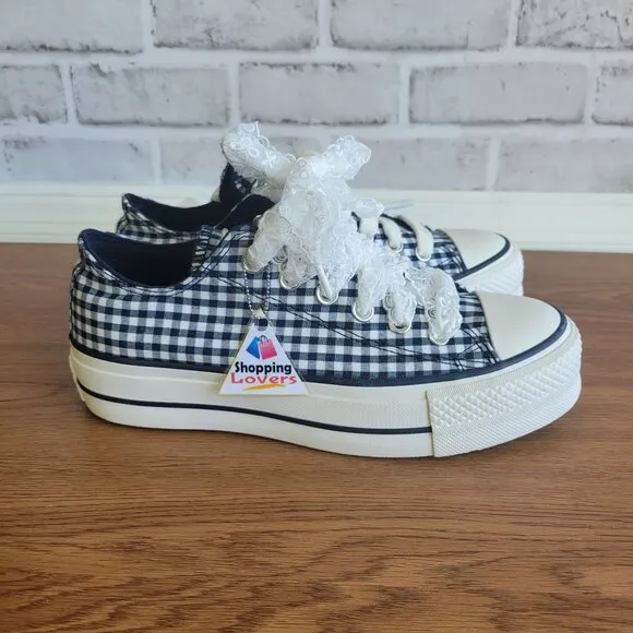 ❤️❤️Chuck Taylor All Star Lift Platform Gingham 7 Women Shoes Navy White A13664C