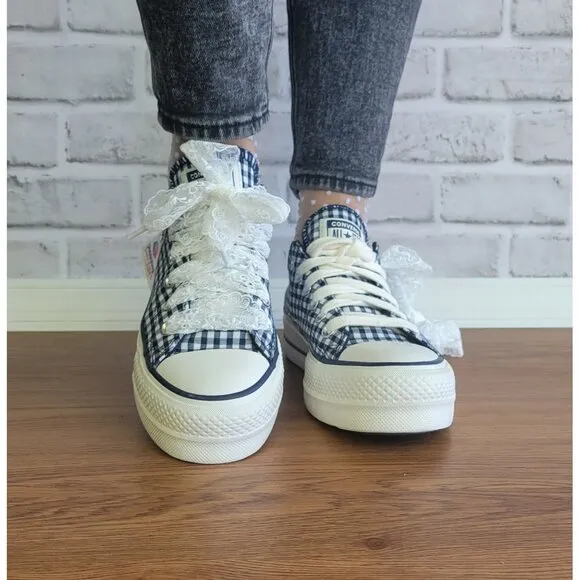 ❤️❤️Chuck Taylor All Star Lift Platform Gingham 7 Women Shoes Navy White A13664C