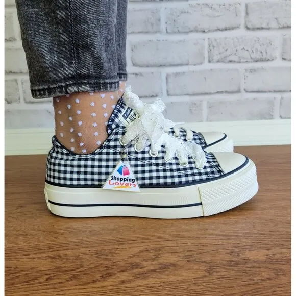❤️❤️Chuck Taylor All Star Lift Platform Gingham 7 Women Shoes Navy White A13664C