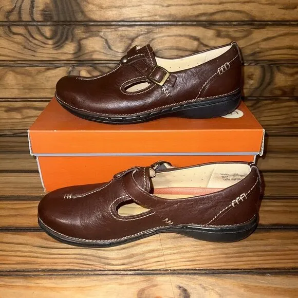 Clarks UN.BLOCK Shoes Womens Size 8 Leather Slip On Comfort Brown Mary Jane NEW
