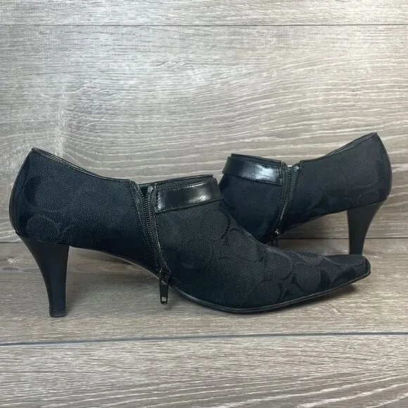Coach Abby Y2K Black Leather Canvas “C”Monogram Women’s Sz 7.5B Zip Kitten Heels