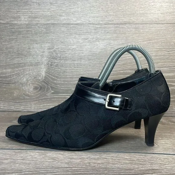 Coach Abby Y2K Black Leather Canvas “C”Monogram Women’s Sz 7.5B Zip Kitten Heels