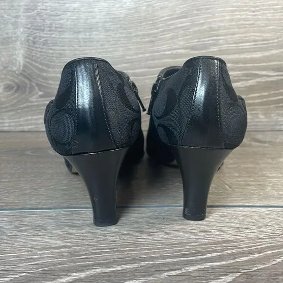 Coach Abby Y2K Black Leather Canvas “C”Monogram Women’s Sz 7.5B Zip Kitten Heels