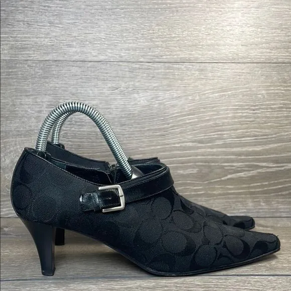 Coach Abby Y2K Black Leather Canvas “C”Monogram Women’s Sz 7.5B Zip Kitten Heels