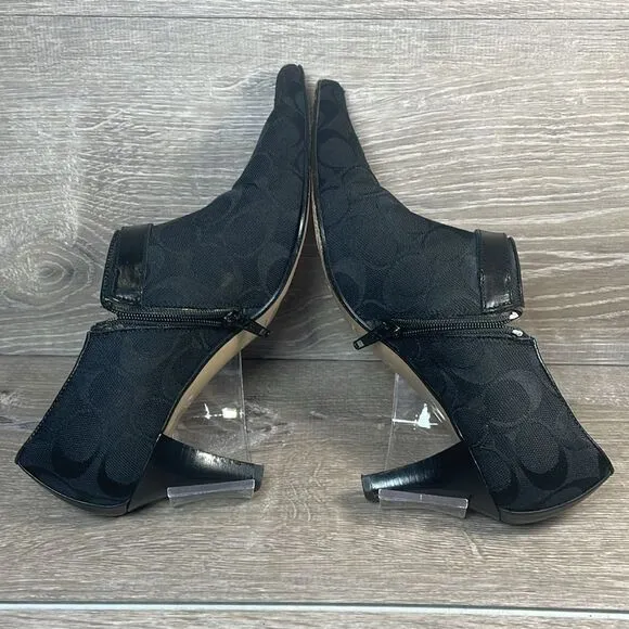 Coach Abby Y2K Black Leather Canvas “C”Monogram Women’s Sz 7.5B Zip Kitten Heels