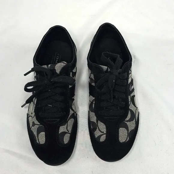 Coach Baylee Black Grey Sneakers Ladies Size 6 Suede Leather Canvas GUC Nice