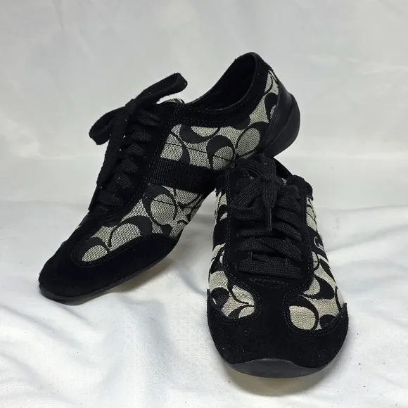 Coach Baylee Black Grey Sneakers Ladies Size 6 Suede Leather Canvas GUC Nice