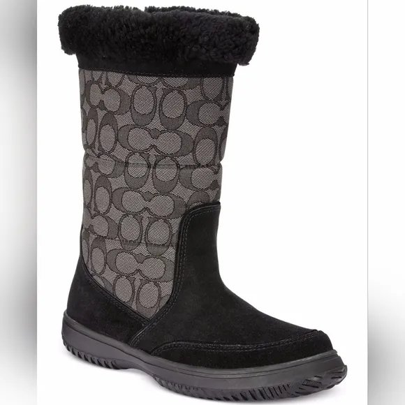 COACH - SHERMAN SUEDE SIGNATURE LOGO BLACK SMOKE WOMENS FLAT WINTER BOOTS