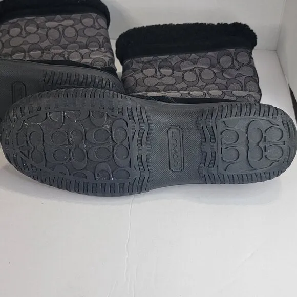 Coach Sherman Winter Boots Fleece Lined Black Suede Logo Print Booties US 9.5