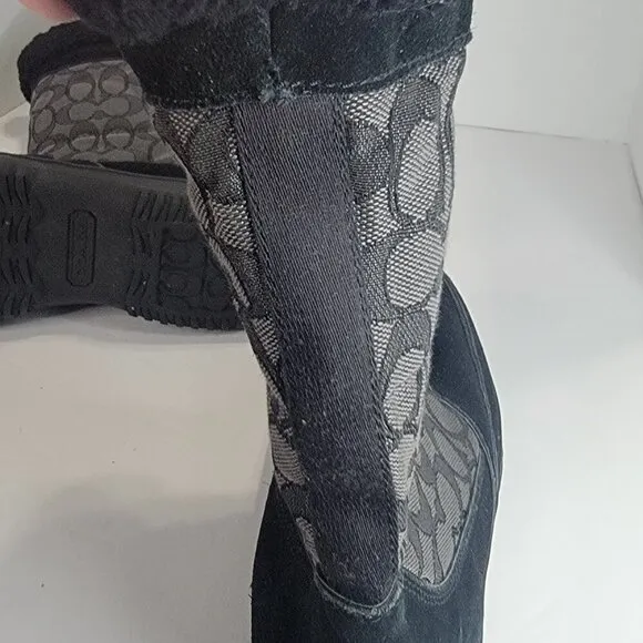 Coach Sherman Winter Boots Fleece Lined Black Suede Logo Print Booties US 9.5