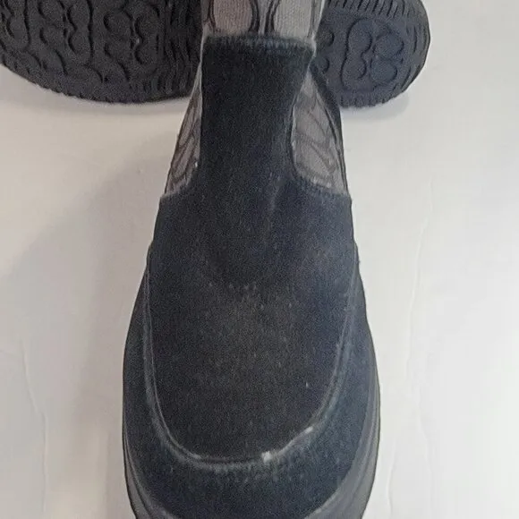 Coach Sherman Winter Boots Fleece Lined Black Suede Logo Print Booties US 9.5