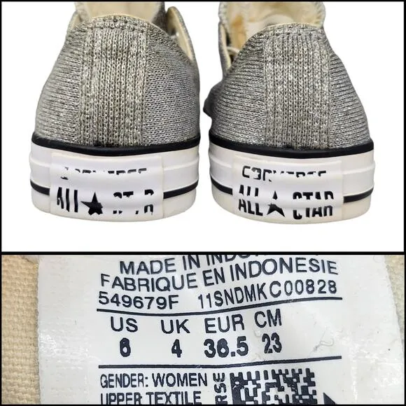 Converse All Star Shoes Womens 6 Silver Gray Knit Fabric Sparkly Sweater Sneaker
