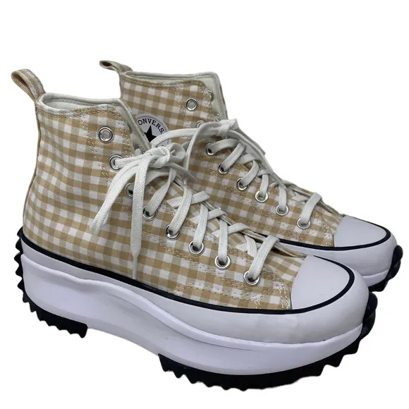 Converse Run Star Hi Platform Shoes Women Size White Beige Plaid Canvas A05999C