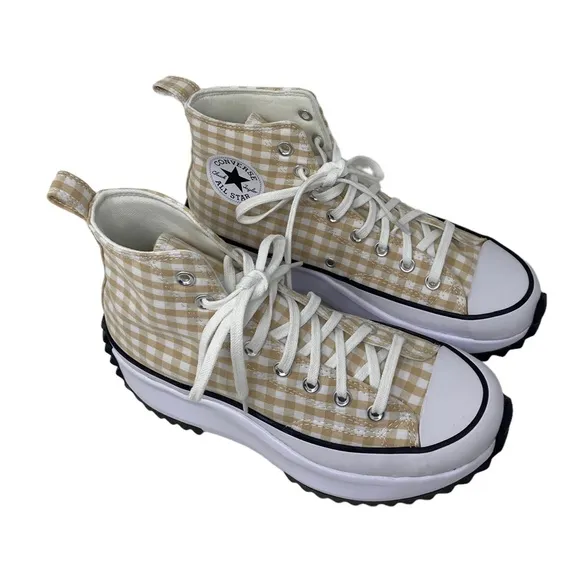Converse Run Star Hi Platform Shoes Women Size White Beige Plaid Canvas A05999C