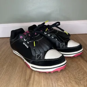 Crocs Women 8.5 Karlene Golf Shoes Black Pink Leather Comfort Spikeless 15370