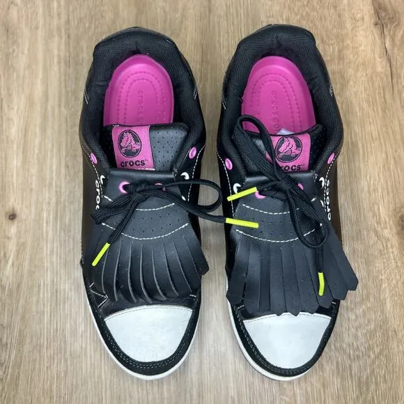 Crocs Women 8.5 Karlene Golf Shoes Black Pink Leather Comfort Spikeless 15370