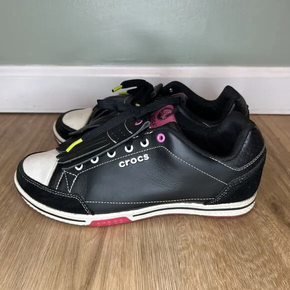 Crocs Women 8.5 Karlene Golf Shoes Black Pink Leather Comfort Spikeless 15370
