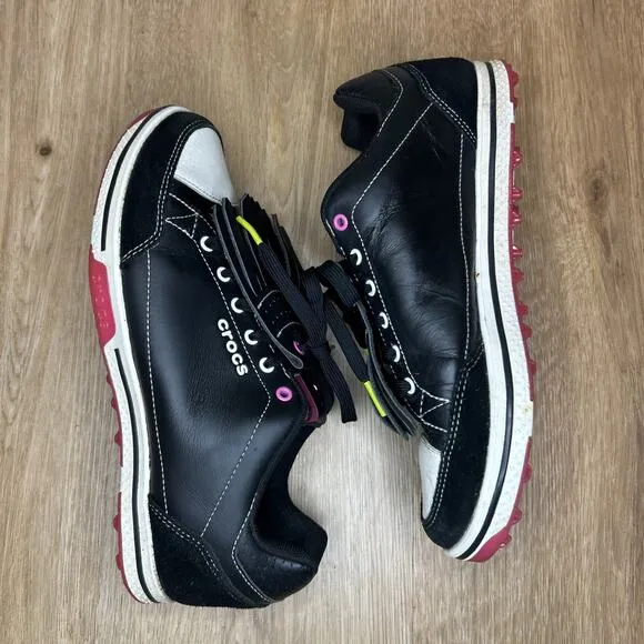 Crocs Women 8.5 Karlene Golf Shoes Black Pink Leather Comfort Spikeless 15370