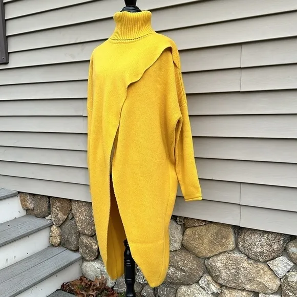 Crossover Turtleneck Pullover Knit Duster - Mustard Yellow