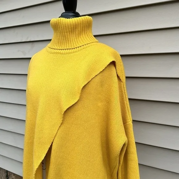 Crossover Turtleneck Pullover Knit Duster - Mustard Yellow