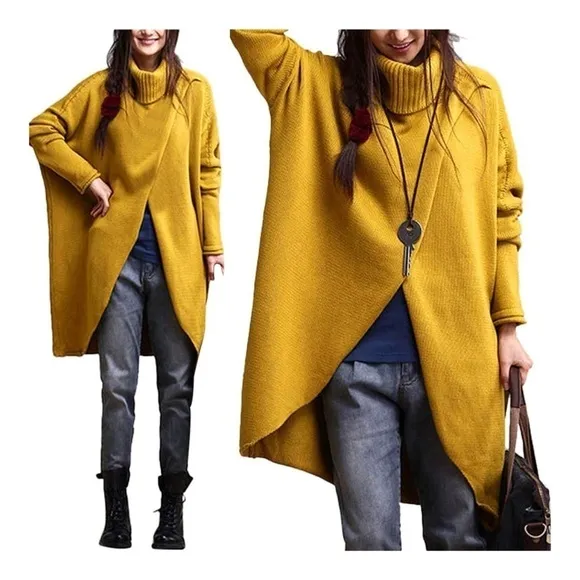 Crossover Turtleneck Pullover Knit Duster - Mustard Yellow