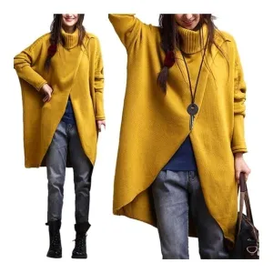 Crossover Turtleneck Pullover Knit Duster - Mustard Yellow