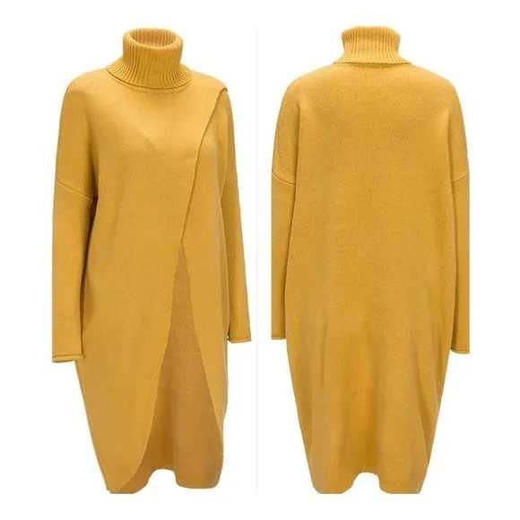 Crossover Turtleneck Pullover Knit Duster - Mustard Yellow