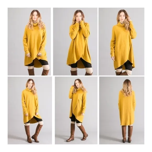 Crossover Turtleneck Pullover Knit Duster - Mustard Yellow