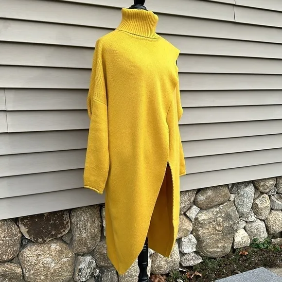 Crossover Turtleneck Pullover Knit Duster - Mustard Yellow