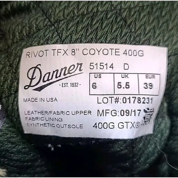 DANNER RIVOT TFx 8&quot; Coyote 400g 51514 MENS BOOTS Insulated Size‎ 6 EU 39