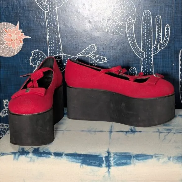 Demonia Click 08 T Strap Platform Sandals Shoes Red Canvas Women's Fits 7.5