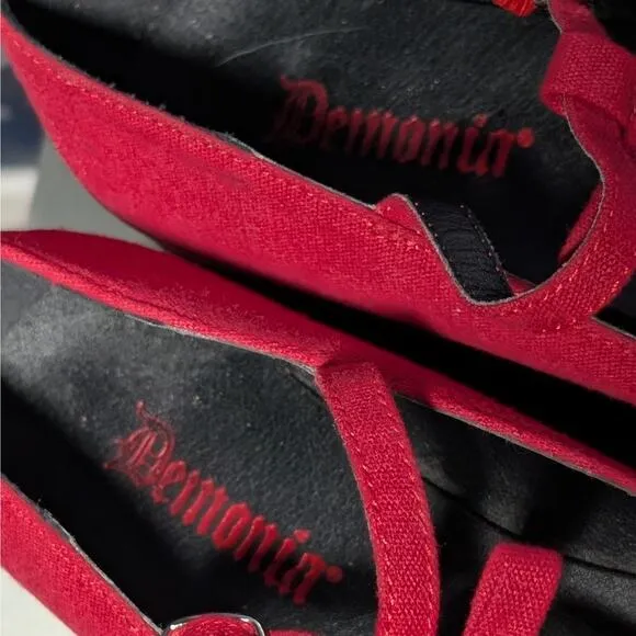 Demonia Click 08 T Strap Platform Sandals Shoes Red Canvas Women's Fits 7.5