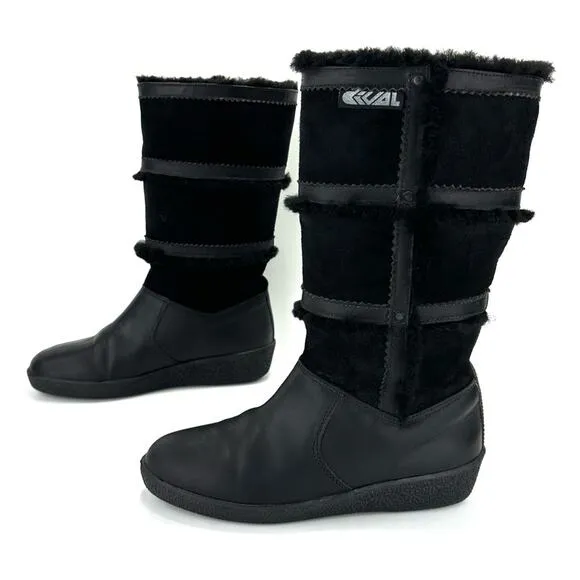 DIVAL “ELISA” BLACK LEATHER AND SUEDE SHEARLING LINED MID-CALF WINTER BOOTS🆕
