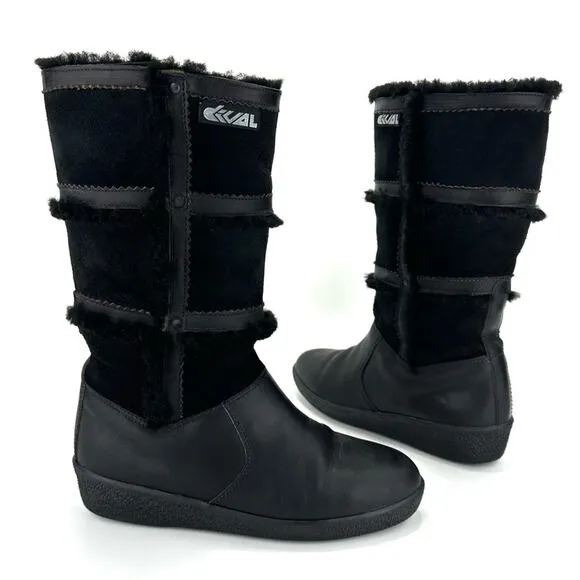 DIVAL “ELISA” BLACK LEATHER AND SUEDE SHEARLING LINED MID-CALF WINTER BOOTS🆕