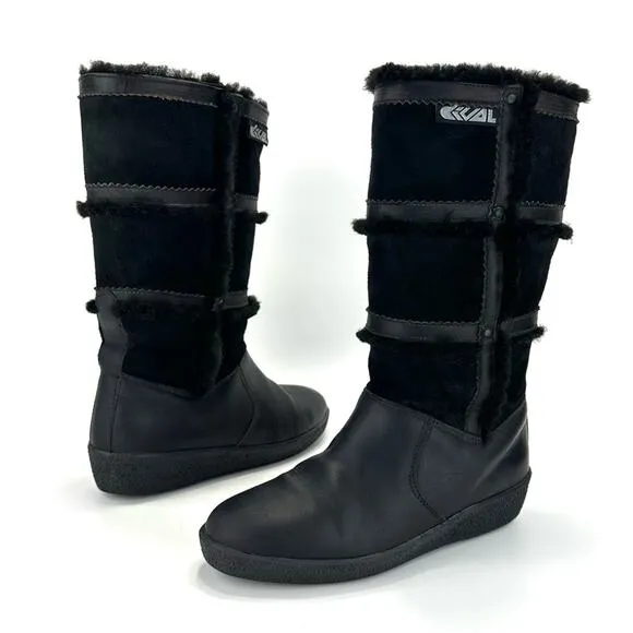 DIVAL “ELISA” BLACK LEATHER AND SUEDE SHEARLING LINED MID-CALF WINTER BOOTS🆕