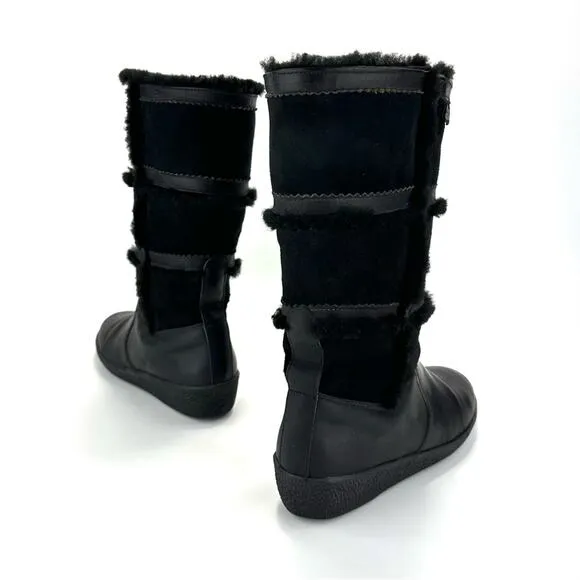 DIVAL “ELISA” BLACK LEATHER AND SUEDE SHEARLING LINED MID-CALF WINTER BOOTS🆕