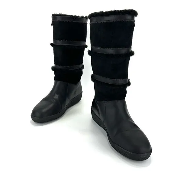 DIVAL “ELISA” BLACK LEATHER AND SUEDE SHEARLING LINED MID-CALF WINTER BOOTS🆕